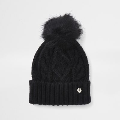 Black cable knit beanie hat