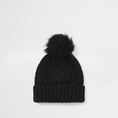 Black cable knit beanie hat
