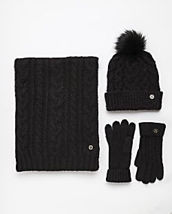 Black cable knit hat scarf and gloves set