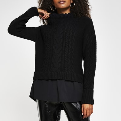 Black cable knit hybrid jumper | River Island