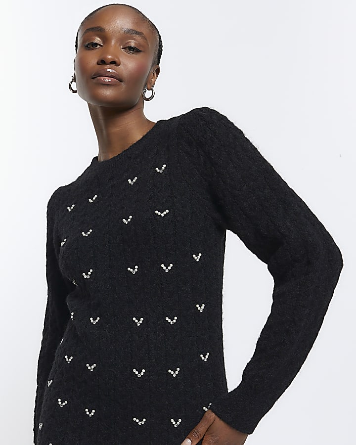 Black cable knit jumper mini dress | River Island