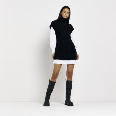 Black cable knit mini jumper shirt dress River Island