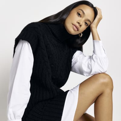Black cable knit mini jumper shirt dress River Island