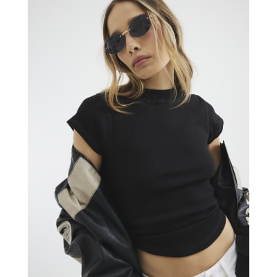 Black Cap Sleeve High Neck T-shirt