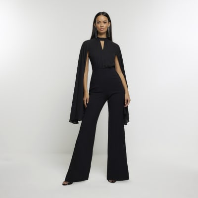 River Island cropped wide leg jumpsuit with square neck in black