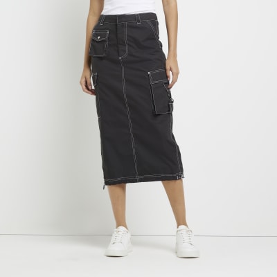Black cargo midi skirt River Island