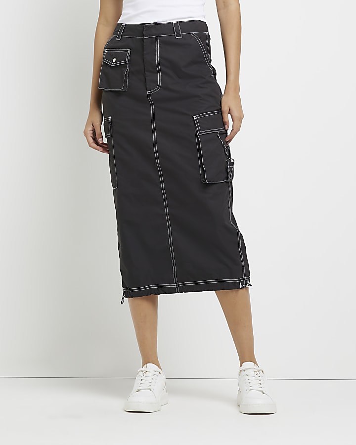 Black cargo midi skirt