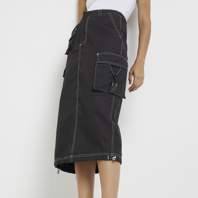 Black cargo midi skirt River Island