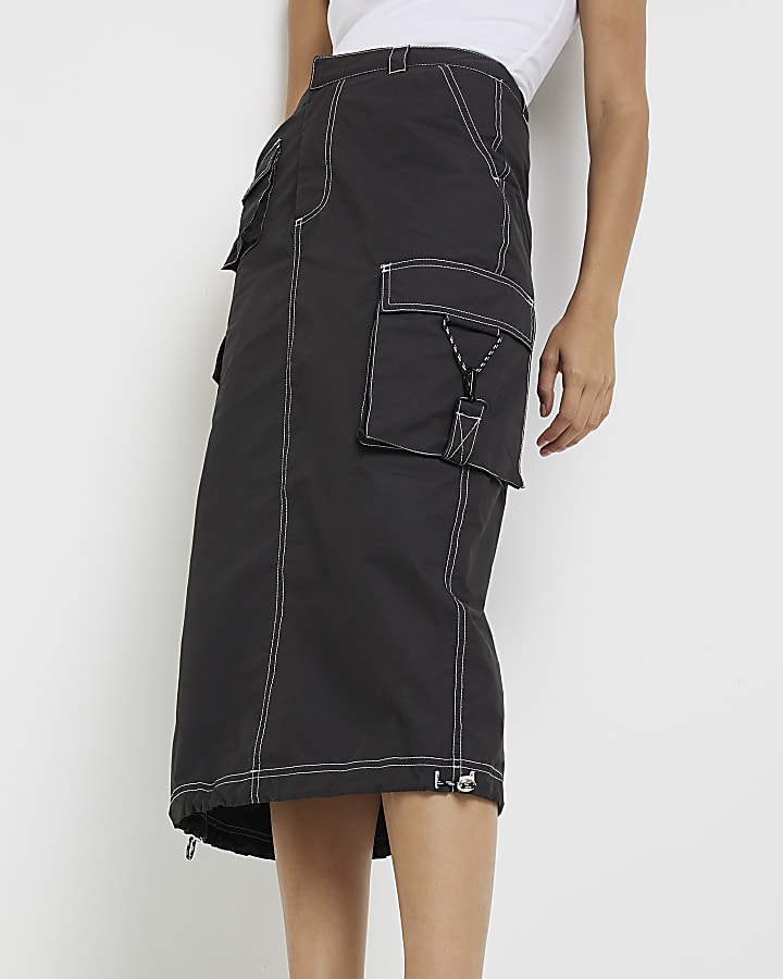 Black cargo midi skirt
