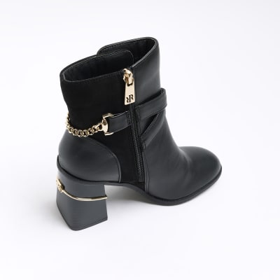 Black chain block heel ankle boots