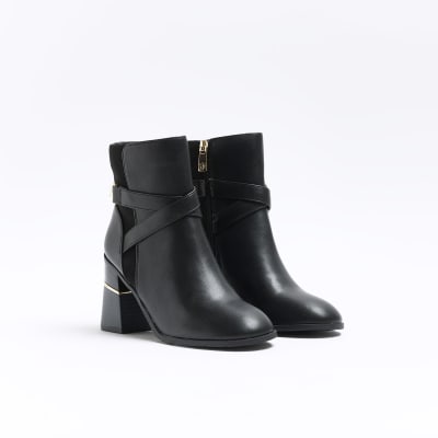 Black chain block heel ankle boots
