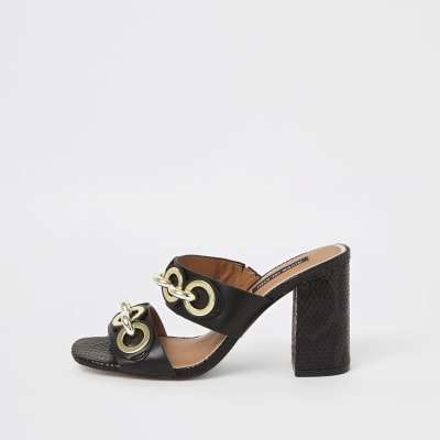 Black chain block heel mules