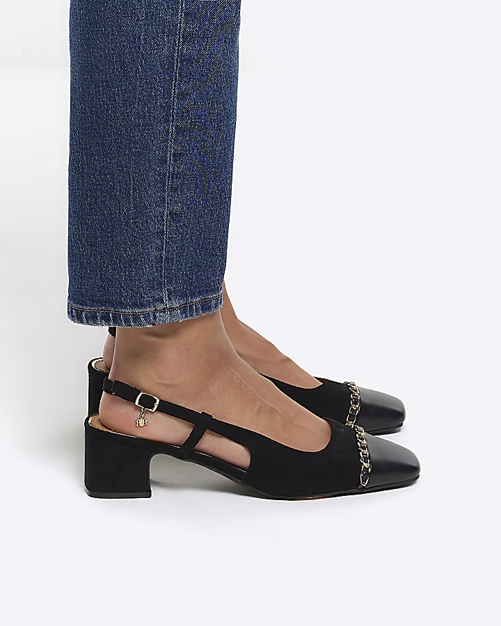 Black chain block heeled court shoes | River Island