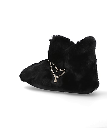 360 degree animation of product Black chain detail faux fur slipper boots frame-5