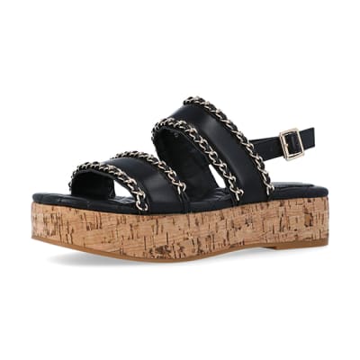 360 degree animation of product Black chain detail flatform sandals frame-1