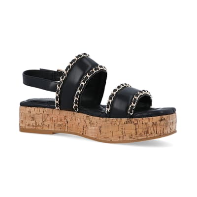 360 degree animation of product Black chain detail flatform sandals frame-17