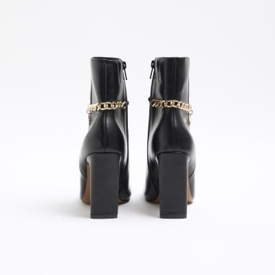 Black chain detail heeled ankle boots River Island