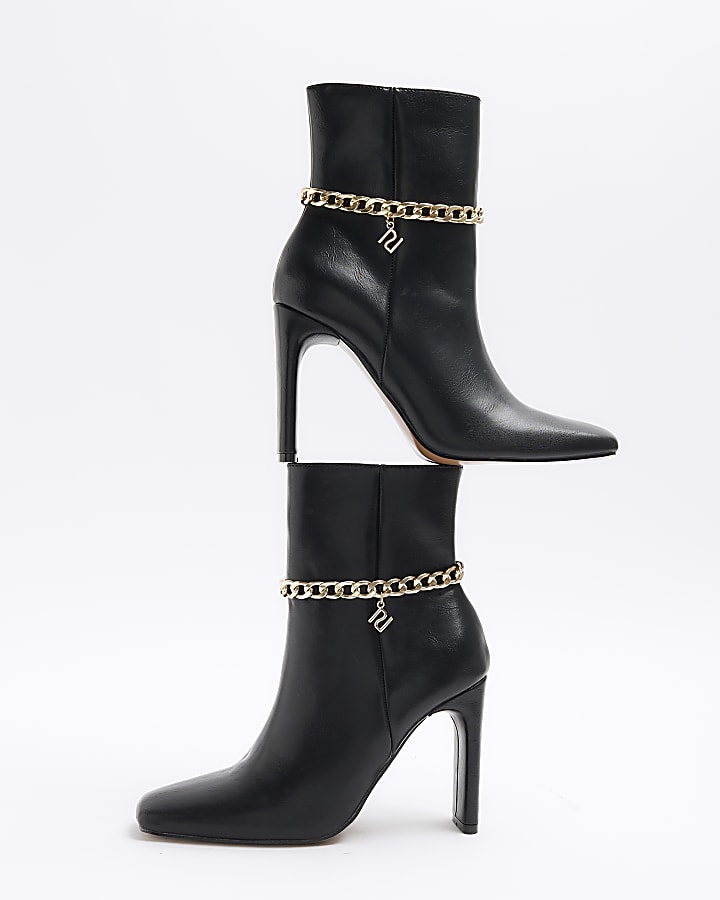 Black chain detail heeled ankle boots