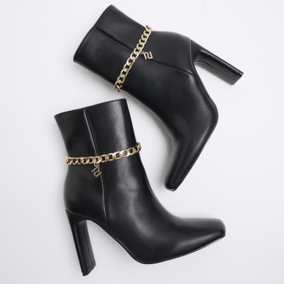 Black chain detail heeled ankle boots River Island