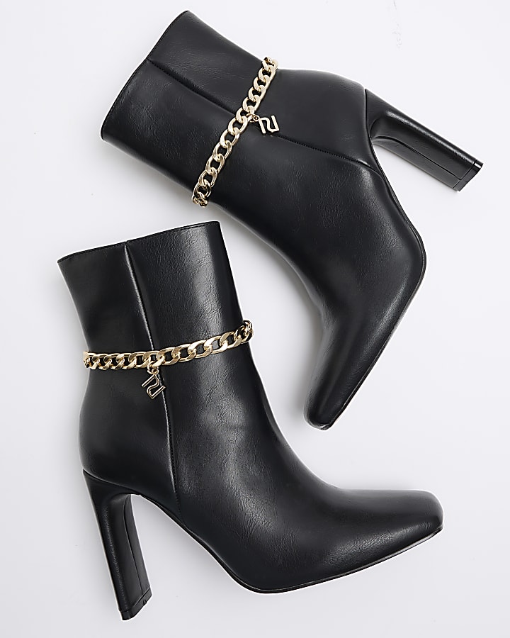 Black chain detail heeled ankle boots