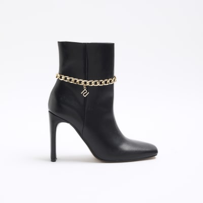 Black chain detail heeled ankle boots River Island