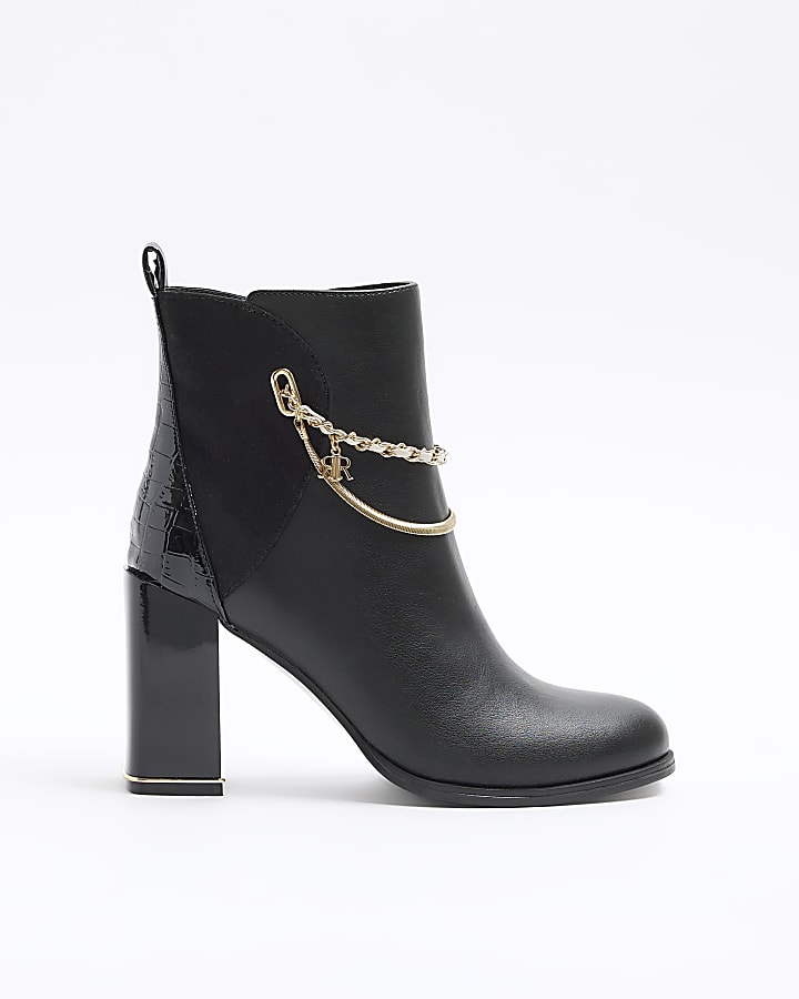 Black chain detail heeled ankle boots | River Island