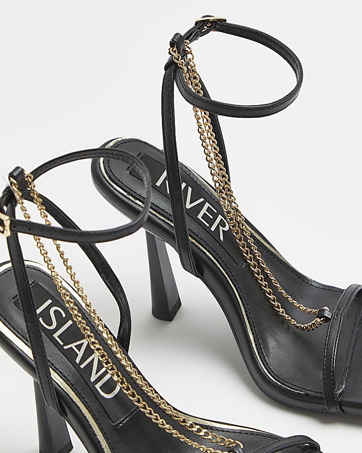 Black chain detail strappy heeled sandals