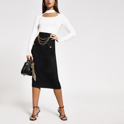 Black chain embellished midi pencil skirt
