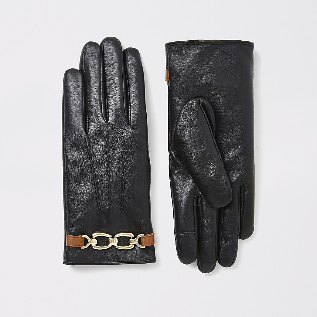 Black chain faux fur lined leather gloves | River Island