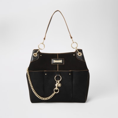 river island black bag with gold chain