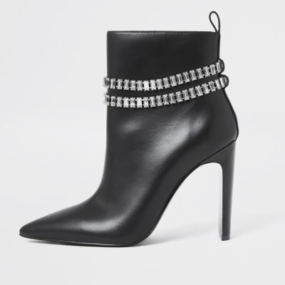 Black Chain High Heel Boots River Island