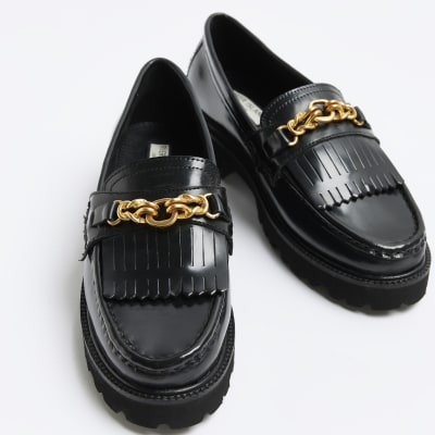 Black chain leather loafers River Island