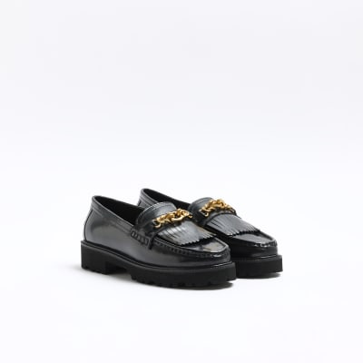 Black chain leather loafers