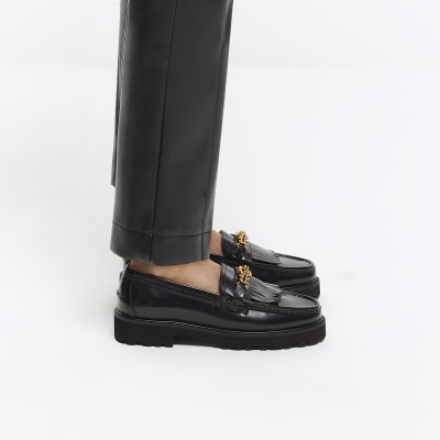 Black chain leather loafers