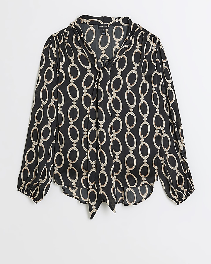 Black chain print long sleeve blouse | River Island