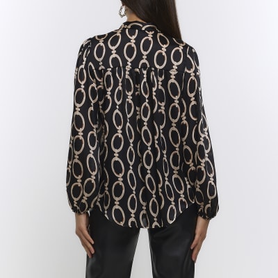 Black chain print long sleeve blouse