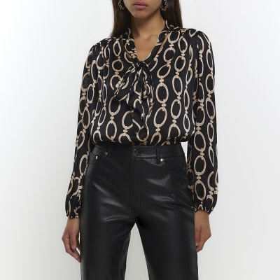 Black chain print long sleeve blouse | River Island