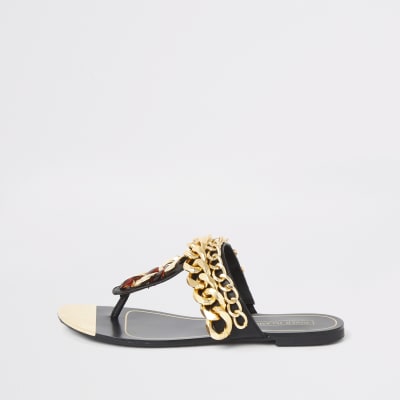 Black chain toe thong sandals