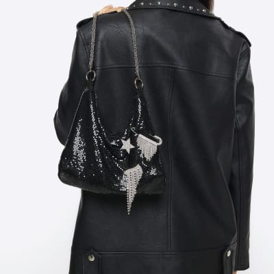 Black chainmail embellished shoulder bag River Island