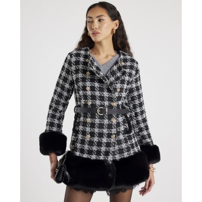 Black Check Collarless Faux Fur Trim Coat