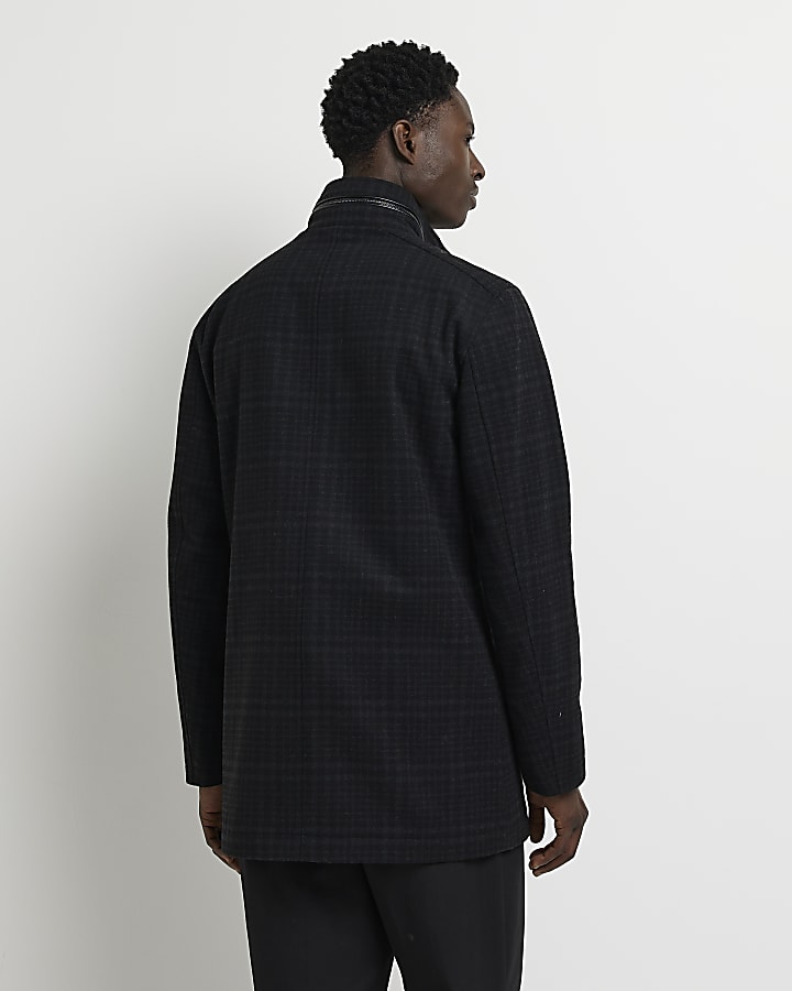 Black Check Commuter Wool Blend Coat
