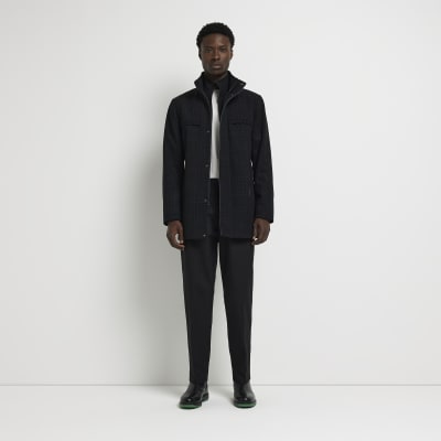 Black Check Commuter Wool Blend Coat