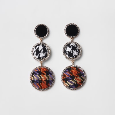 Black check diamante boucle drop earrings
