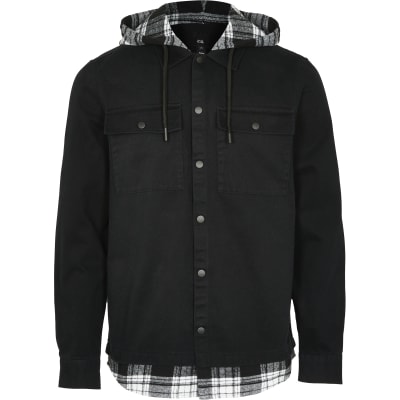 Black check hooded shacket River Island