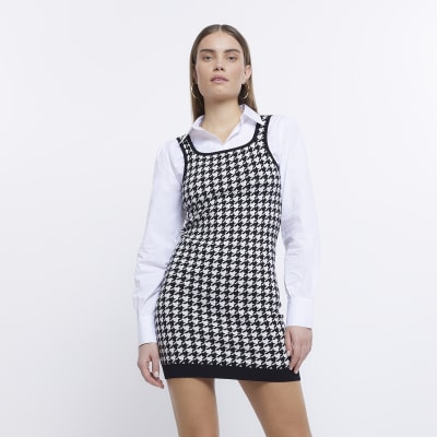 Black check hybrid pinafore mini dress | River Island