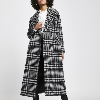 Black check print oversized longline coat River Island