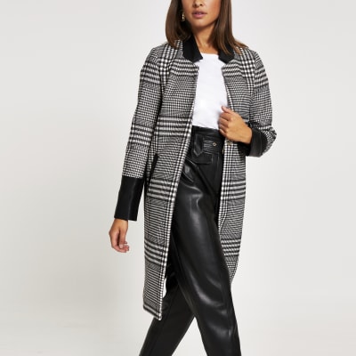 Black check PU longline coat River Island