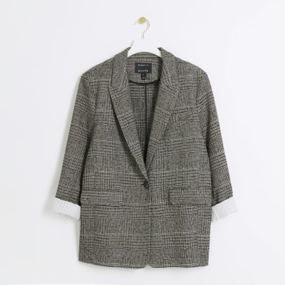 Black check rolled sleeve blazer | River Island