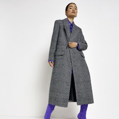 Black check straight longline coat | River Island