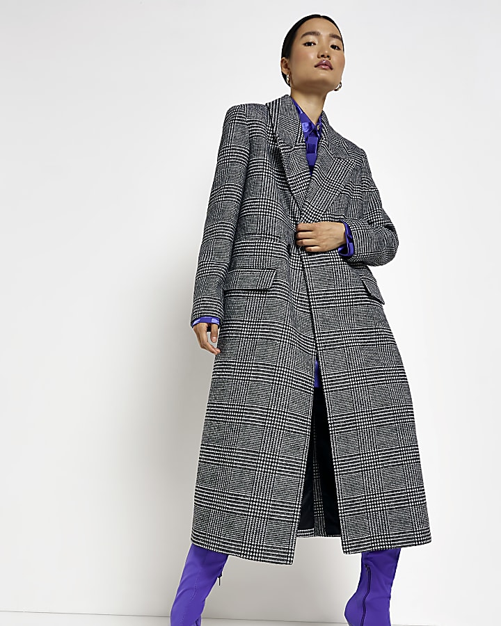 Black check straight longline coat